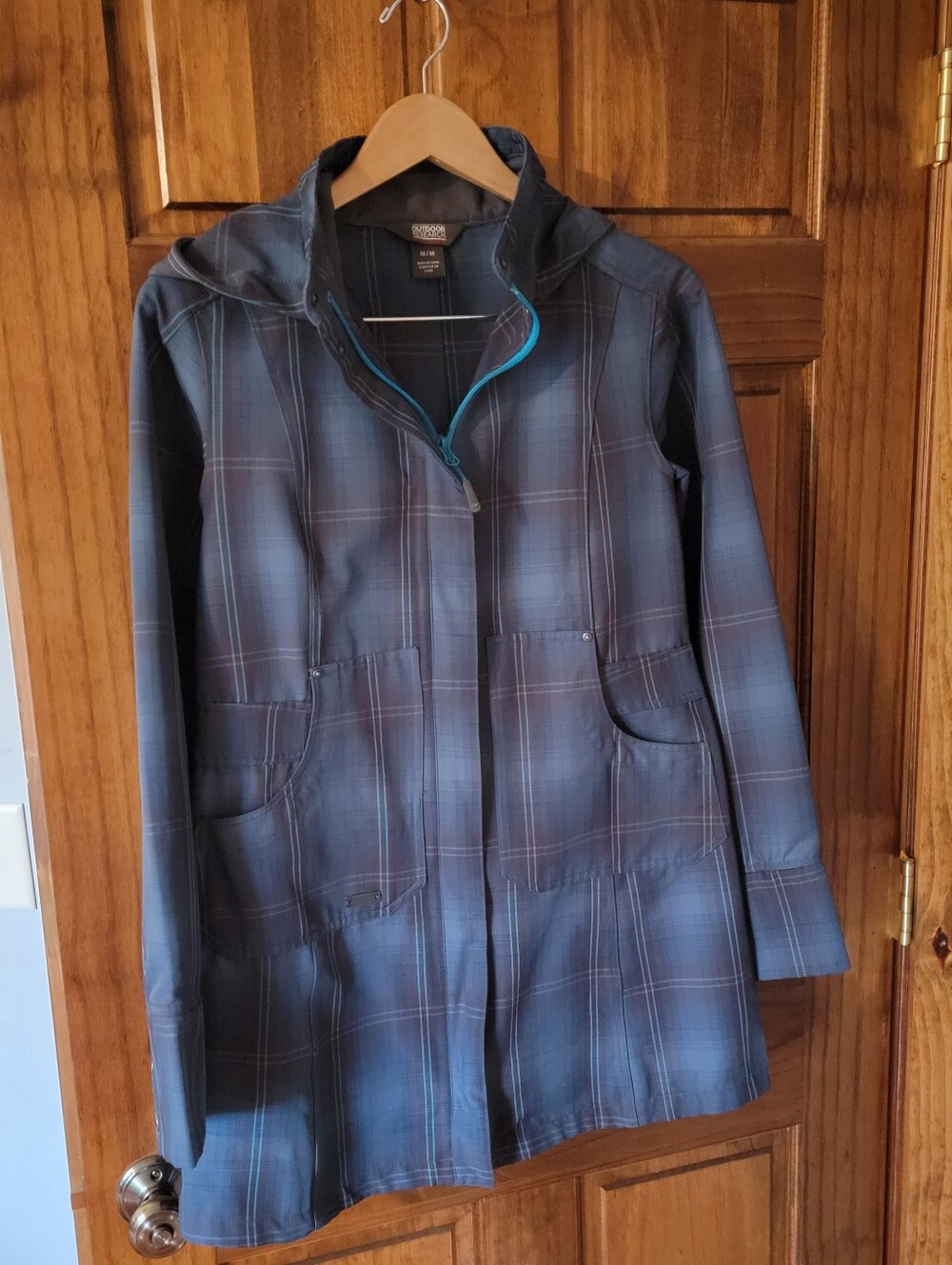 Outdoor Research Blue Plaid Trench Coat with Teal Stripes
